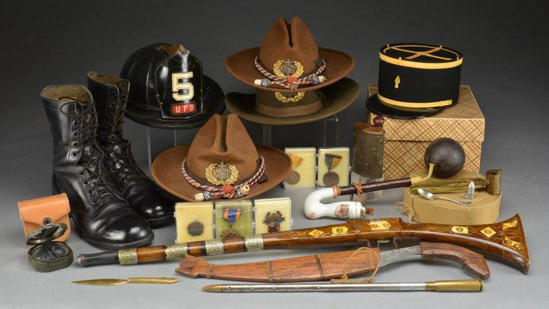GROUP OF MILITARY, FRATERNAL, FIRE & DECORATIVE: ITEMS. This varied but interesting group includes 1 pair of Vietnam era combat boots. / 1 French officers dress cap. / 1 M19 compass in leather pouch & original cardboard box. / 1 Coil of OD webbing. 