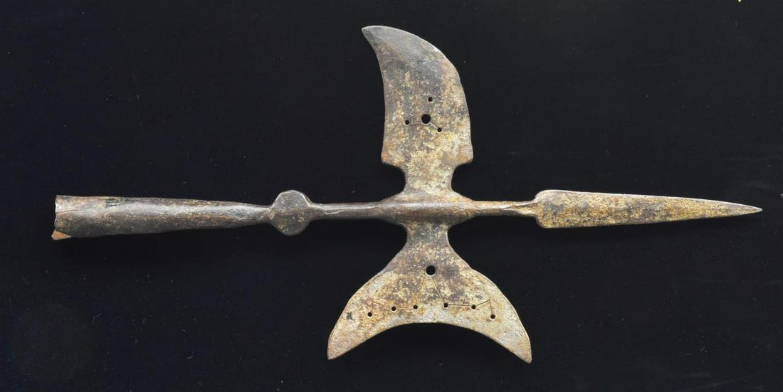 1 HALBERD HEAD & PEAVEY KNIFE PISTOL CASTINGS.: 1) HALBERD HEAD. Measures 23" long x 11" wide. It has a conical base to fit over a shaft & a long central pike style blade at the top. The halberd has a crescent shaped blade in the front & a hooked s