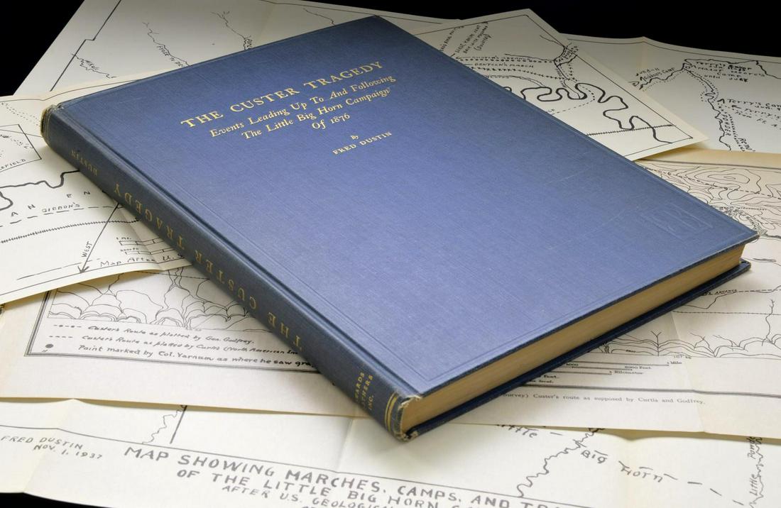 VERY DESIRABLE CUSTER RELATED BOOK.: This book is titled “THE CUSTER TRAGEDY; Events Leading Up To And Following The Little Big Horn Campaign Of 1876” & was authored by Fred Dustin. Blue cloth covers w/ gold embossed title on the fro