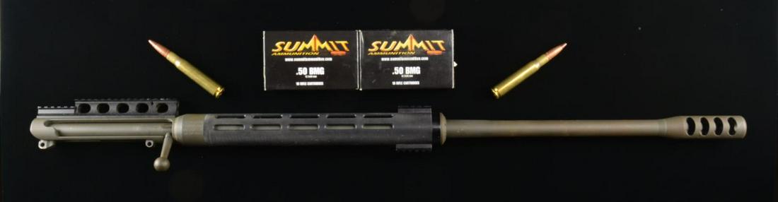 LIGAMEC CORP. ULTRALIGHT 50W AR BARRELED UPPER.: Cal. 50 BMG. S# 07-0275. Bbl. 29". A single shot bolt action upper receiver chambered in 50 BMG, Muzzle is terminated w/ a 5" brake. 14" Knurled aluminum hand guard w/ 2" rail sections mounted at muzz