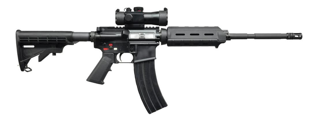 SPIKES TACTICAL ST15 CARBINE WITH MAGPUL: FURNITURE. Cal. 223. S# 80897. Bbl. 16". Spikes Tactical ST15 w/ M4 profile bbl. & A2 style flash hider. Dark black matte finish, typical of Spike builds. Low profile gas block w/ Magpul â€œMOE&rd