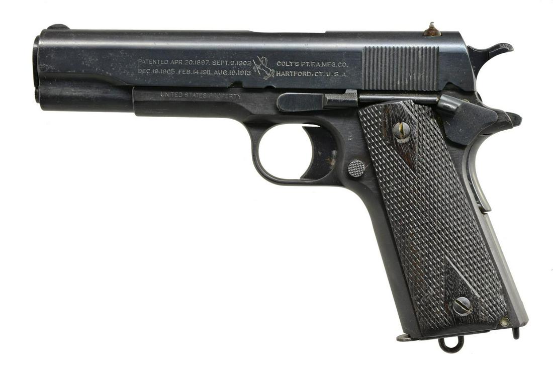 COLT MODEL 1911 SEMI AUTO PISTOL.: Cal. 45 ACP. S# 326065. Bbl. 5" Type 5 w/ joined "HP" proof. Mfg. 1918 w/in 347,000 unit Army contract. Most correct features & markings including Eagle "S14" proof plus "H" provisional acceptance mar