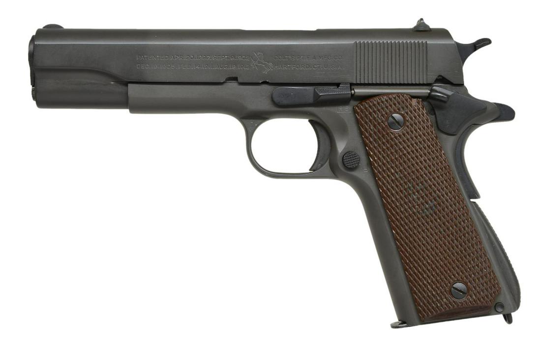 COLT MODEL 1911 A1 SEMI-AUTO PISTOL.: Cal. 45 ACP. S# 740967. Bbl. 5". Shipped Oct. 3, 1941 to Springfield Armory; 400 units. Boxed RS inspection; also appearing by disconnector on frame along w/ G. All correct metal features w/ matching