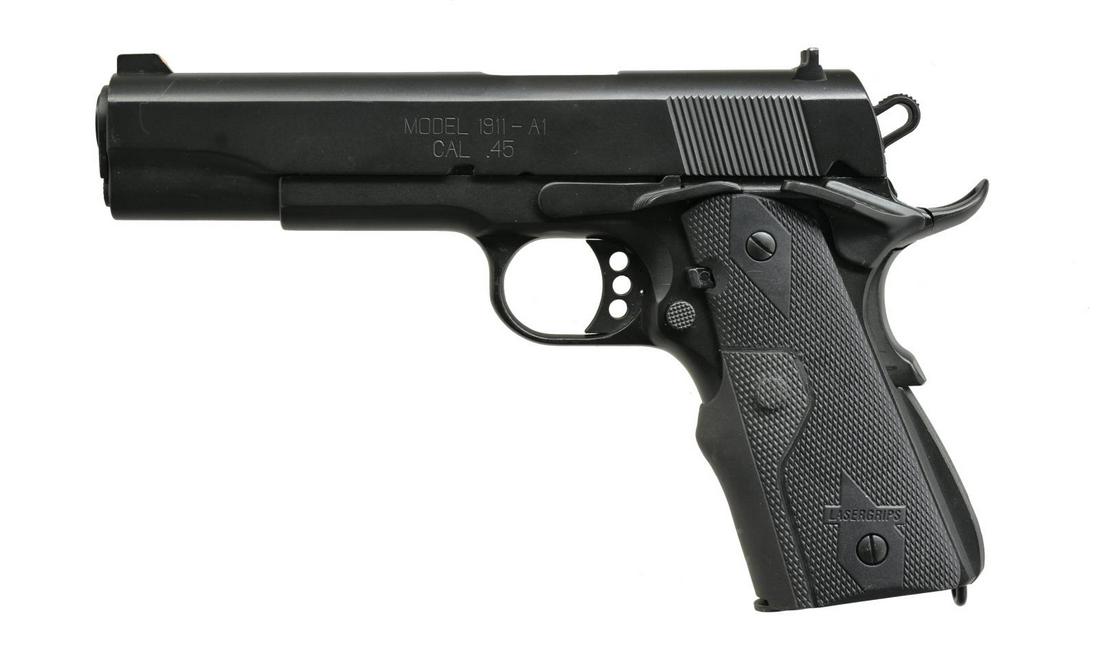 SPRINGFIELD MODEL 1911-A1 SEMI AUTO PISTOL.: Cal. 45 ACP. S# NM 30005. Bbl.5". Mfg. Jan. 30, 1987 as Standard Model w/ parkerized finish per S.A. verification. Presently has matte black finish throughout w/ appearance of being Cerakoted. Notable