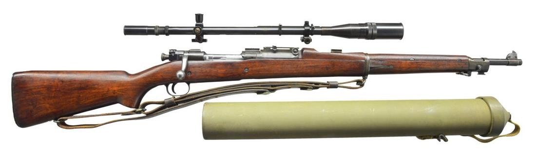 U.S. SPRINGFIELD MODEL 1903 BOLT ACTION RIFLE: EQUIPPED WITH ORIGINAL U.S.M.C. J. UNERTL SNIPER SCOPE. Cal. 30-06. S# 1316759. Bbl. 24" marked behind front sight "SA flaming bomb 7-42". Receiver produced in 1929 & has "Hatcher Hole" on left side.