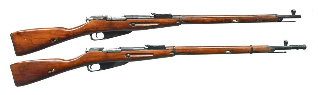 2 RUSSIAN MODEL 91-30 WWII BOLT ACTION RIFLES.: 1) Cal. 7.62x54R. S# 9130120676. Bbl. 28 5/8". Original S# matches on bbl., bolt, cocking piece, floorplate & buttplate. Import marked on top left flat of hex receiver. Tangent rear sight graduated to