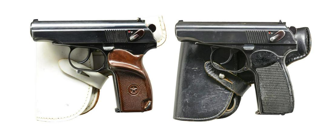 2 EAST GERMAN MAKAROV SEMI AUTO PISTOLS.: 1) Cal. 9x18 MAK. S# C7186. Bbl. 3 3/4". S#'s match on frame & slide. Import marked on right side of frame. Fixed sights. SA/DA. Left side of frame marked w/ circle in diamond indicating East German m