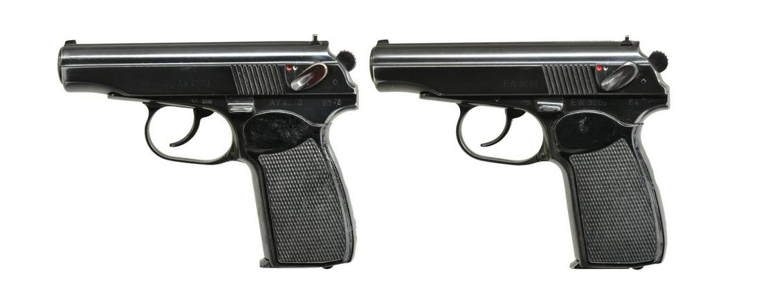 2 EAST GERMAN MAKAROV SEMI AUTO PISTOLS.: ALL: cal. 9x18 MAK. Bbls. 3 3/4". Import marked on right side of frames. Left side of frames has circle inside diamond indicates East German mfg. by Ernst Thaelmann of Suhl. 1) S# AY4270. Numbers matc