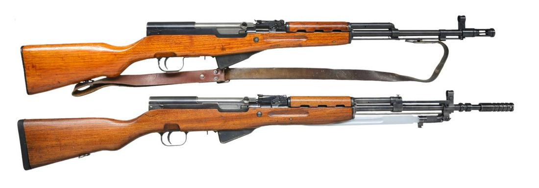 2 SKS SEMI-AUTO MILITARY RIFLES.: 1) CHINESE. Cal. 7.62x39. S# 120050710. Bbl. 22 3/4" including aftermarket flash suppressor. All visible numbers match. Import marked on left side of receiver. Receiver marking on left side appears tr