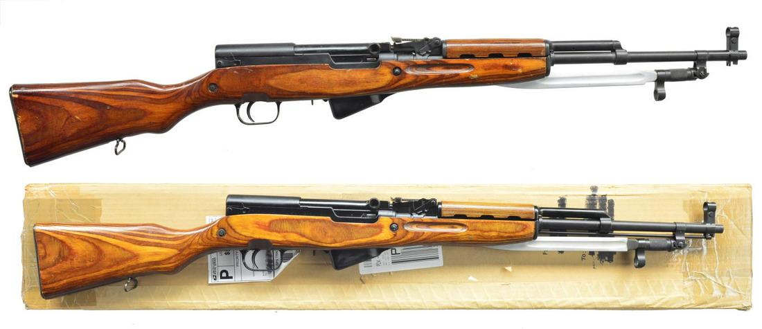 2 RUSSIAN SKS SEMI-AUTO MILITARY RIFLES.: 1) Cal. 7.62x39. S# RL008322. Bbl. 20 5/8". All visible original serial #'s match. Receiver has import marks on left side. Receiver cover marked w/ arrow in star indicates mfg. at Tula Arsenal. 1952 D