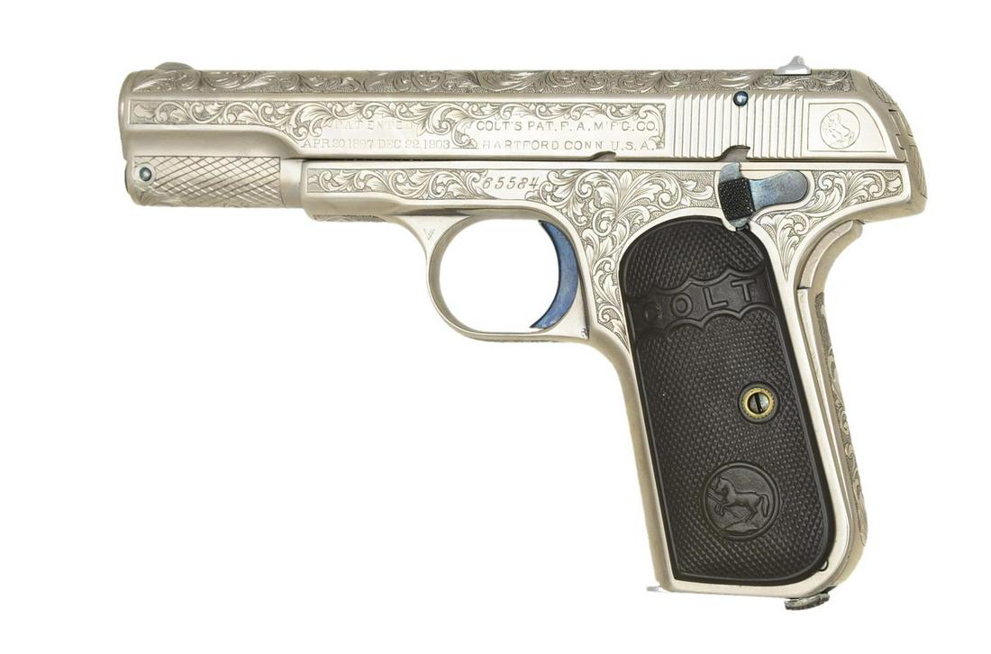 COLT CUSTOM ENGRAVED MODEL 1903 SEMI AUTO PISTOL.: Cal. 32 ACP. S# 65584. Bbl. 4". Beautifully executed full coverage custom aftermarket engraving. Sides of frame & slide as well as top of slide have vine type foliate scroll w/ stippled backgrounds &