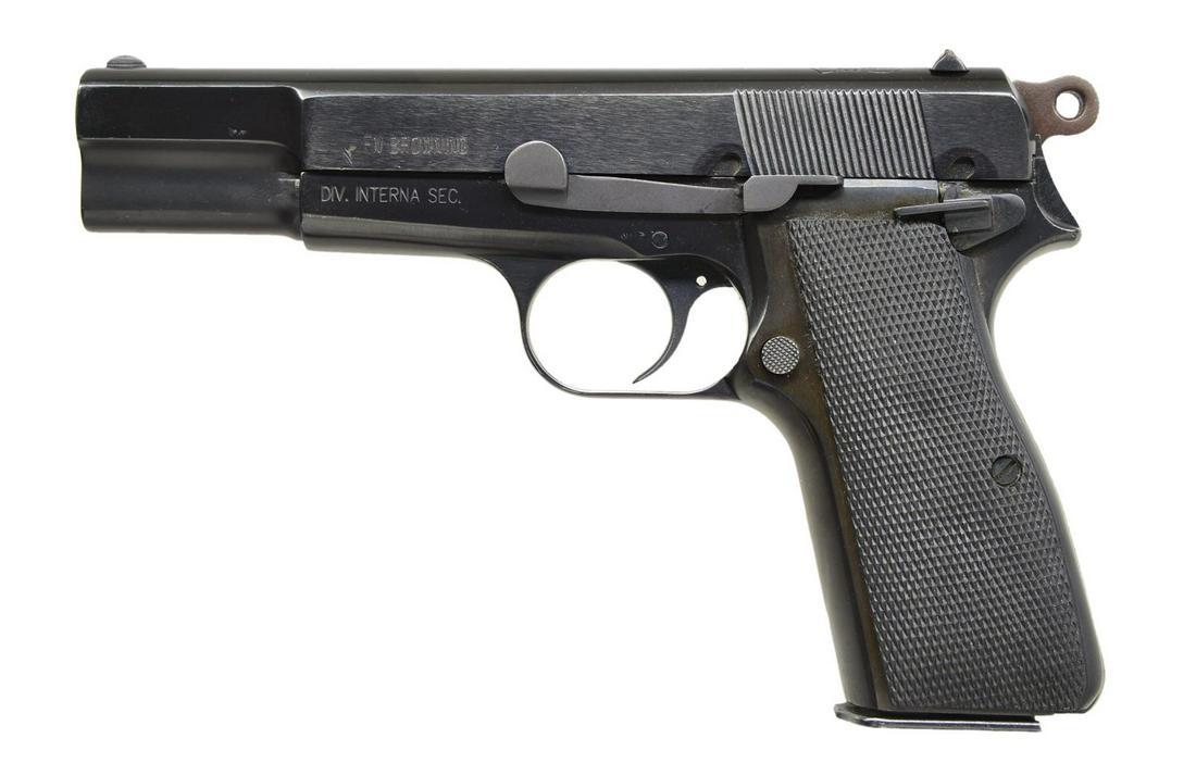 FN HI POWER BS AIRES POLICE SEMI AUTO PISTOL.: Cal. 9mm Luger. S# 00508. Bbl. 5". Mfg. 1960 & shipped 1961 for Buenos Aires police use as marked on right side of frame; left side additionally marked to indicate detective use. Noted FN ref. book st