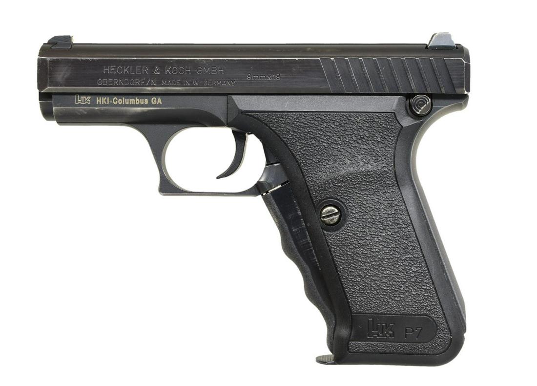 HK P7M8 SEMI AUTO PISTOL.: Cal. 9x19. S# 73959. Bbl. 4.13" w/ polygonal rifling. Unique squeeze cocking action. 3 Dot sights. Steel slide & frame w/ Black phosphate finish. Ambidextrous mag. release at butt. 2 Piece stippled bl