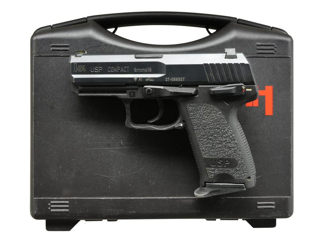 HK USP COMPACT DA SEMI AUTO PISTOL.: Cal. 9x19. S# 27-089327. Bbl. 3.58" w/ polygonal rifling. Matte black slide w/ Trijicon 3 dot sights. Polymer frame w/ bottom mounted accessory rail. Checkered front & rear grip straps w/ textured gri