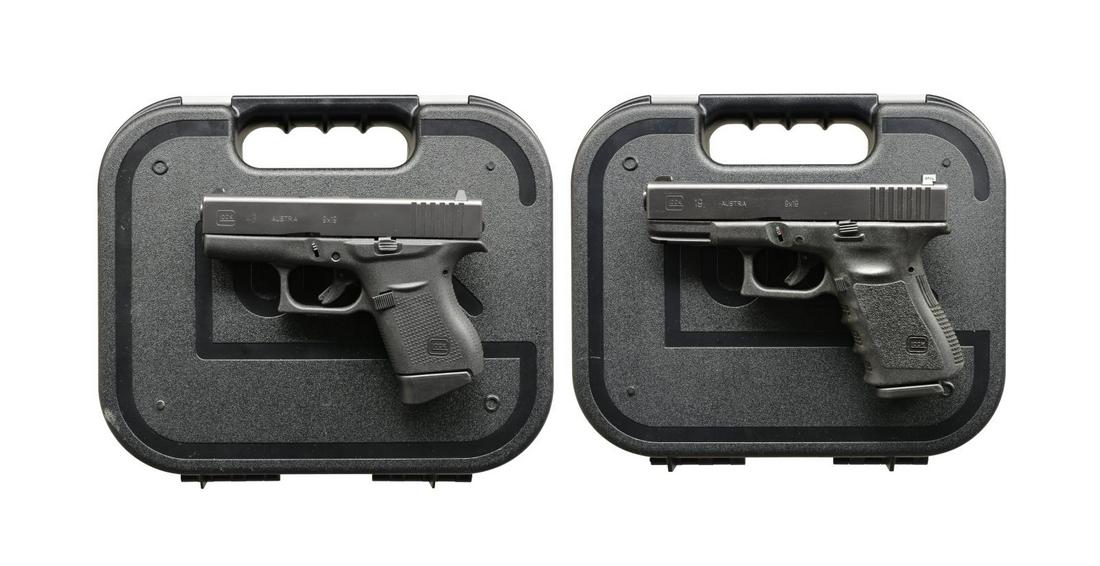 GLOCK 43 SUB-COMPACT & 19 SEMI AUTO PISTOLS.: BOTH: cal. 9x19. 1) 43. S# ZMX191. Bbl. 3.39" w/ hex rifling. Steel slide w/ white dot front & square notch white outline rear sight. Slimmest Glock polymer frame for easy concealment. MAGS: 5 detacha
