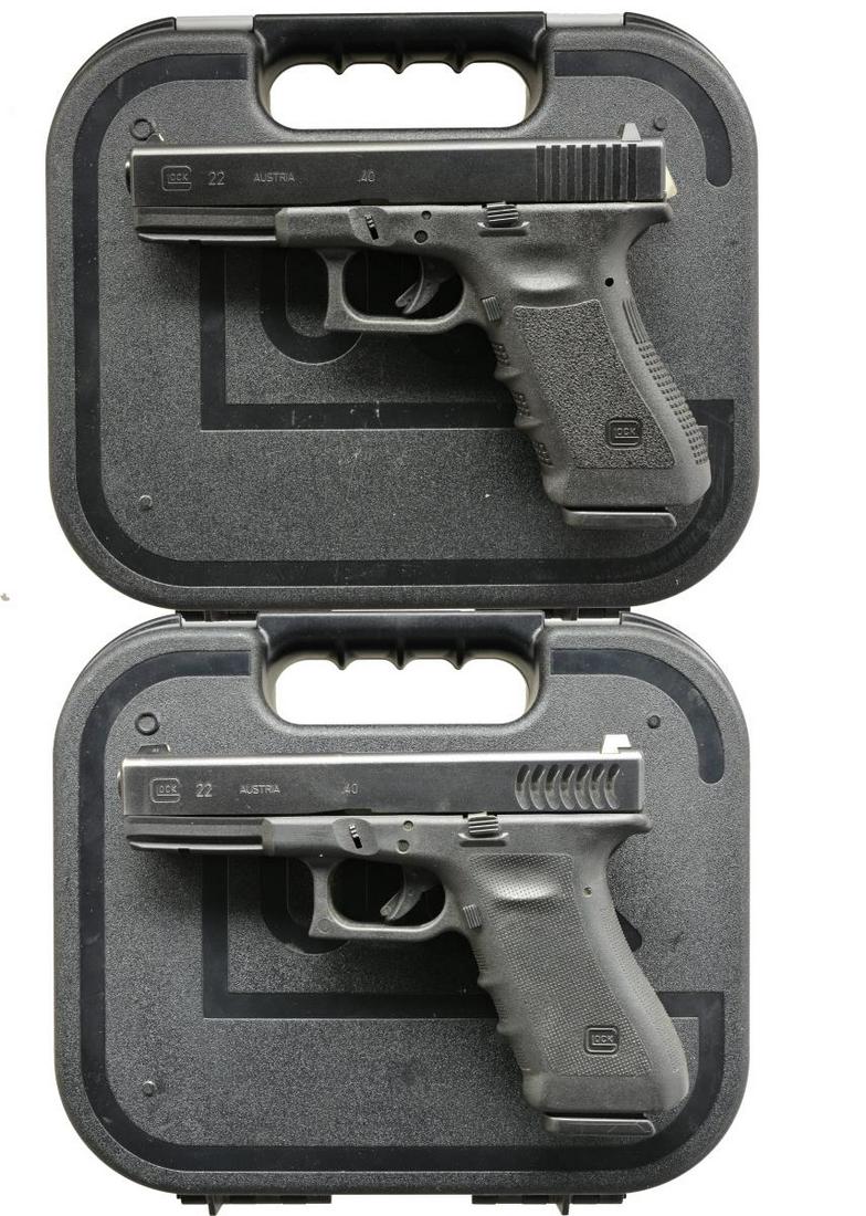 GLOCK 21 GEN. 2 & 30 GEN. 4 SEMI AUTO PISTOLS.: BOTH: cal. 45 ACP. 1) 21 GEN. 2. S# CKW092US. Bbl. 4.61" w/ hexagonal rifling. 3 Dot night sights. Matte finished slide w/ polymer frame. MAGS: 1 detachable 13 rd. UNATTACHED ACCESSORIES: black molded