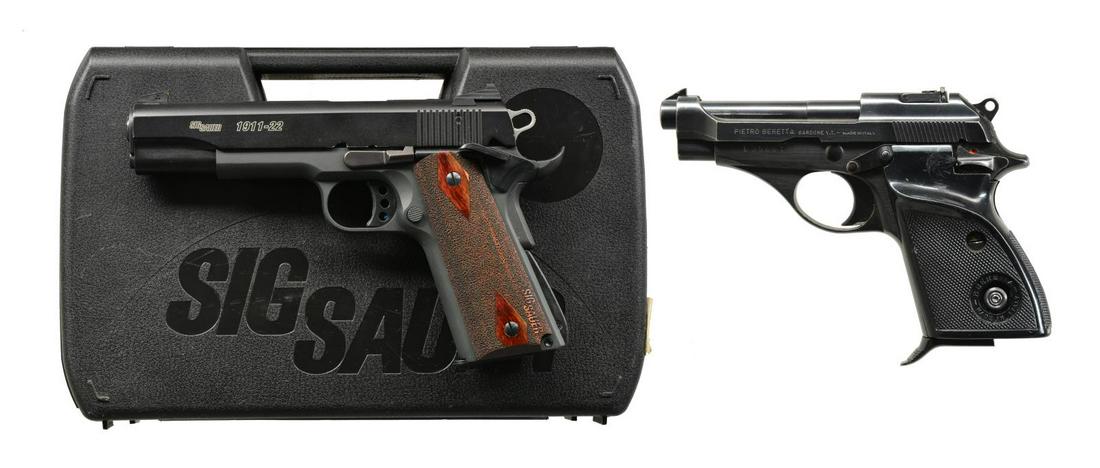 SIG SAUER 1911-22 & BERETTA 70S SEMI AUTO: PISTOLS. BOTH: cal. 22 LR. 1) SIG SAUER MODEL 1911-22. S# F131215. Bbl. 5 1/4" w/ end threaded & capped allowing for accessory use. Mfg. 2011 (2011-2014). Matte black finish w/ 3 dot dovetailed sights