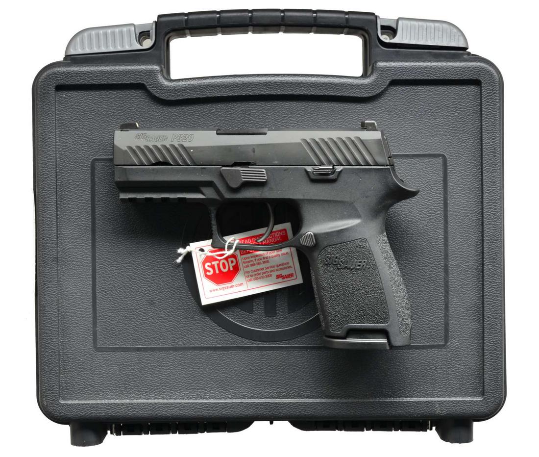 SIG P320 9MM PISTOL.: Cal. 9mm Para. S# 58A137122. Bbl. 4". Matte black finish on exposed metal surfaces w/ polymer frame. Serrated slide w/ 3 dot drift adj. night sights. Stippled finish around circumference of pistol gri