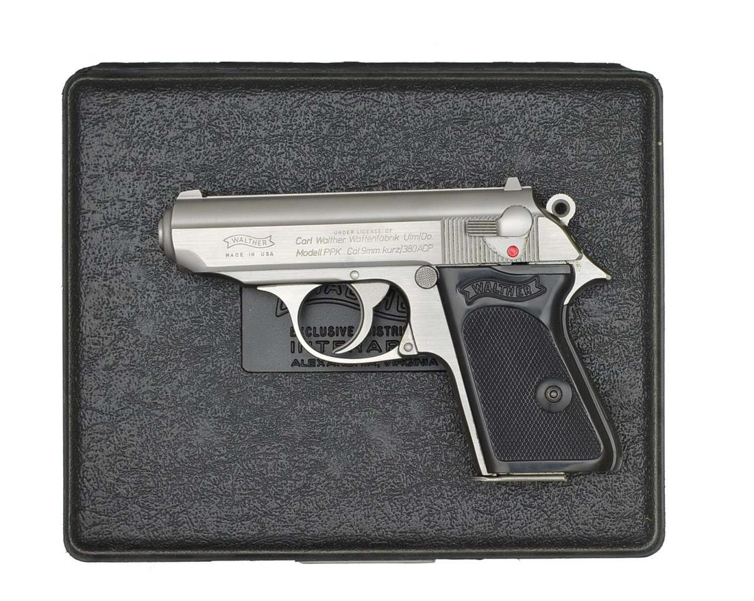 WALTHER STAINLESS STEEL PPK SEMI-AUTO PISTOL.: Cal. 9 mm Kurz/380ACP. S# A072000. Bbl. 3 1/4". Fixed sights. SA/DA. Slide marked on left side w/ Walther Banner. "MADE IN USA". "UNDER LICENSE OF Carl Walther Waffenfabrik Ulm/Do Model PPK. Cal. 9 mm