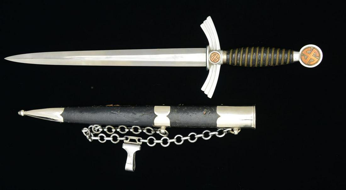WWII STYLE GERMAN LUFTWAFFE FIRST MODEL DAGGER.: Overall length: 19 1/2". This repro or post war assembled dagger has a blade that is marked, â€œROBT KLASS SOLINGEN”. Metal crossguard & pommel w/ copper colored mobile Party symbol in cente