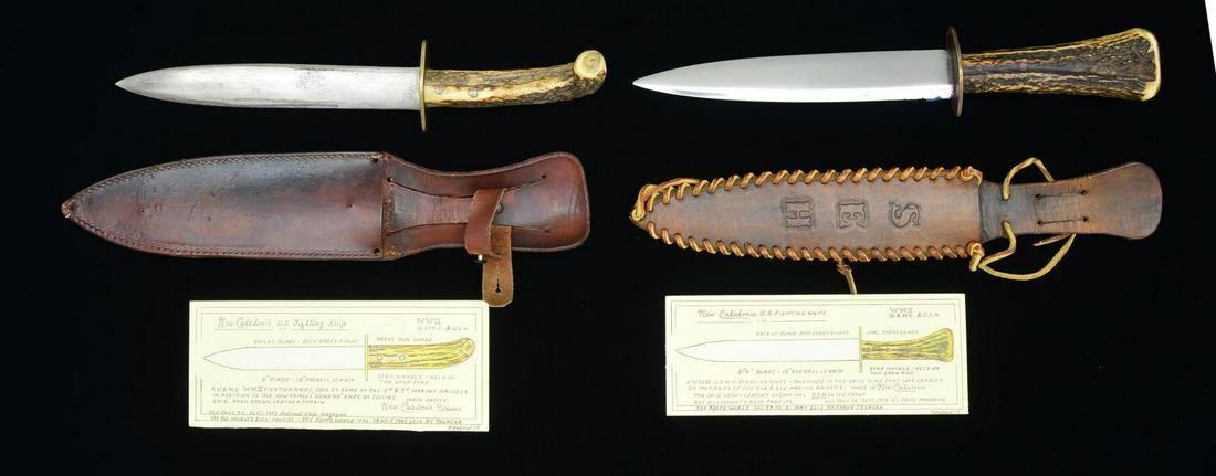 PAIR OF RARE â€œNEW CALEDONIAâ€ MADE WW2 FIGHTING: KNIVES WITH SHEATHS. Here is a pair of rarely encountered â€œNew Caledonia” fighting knives, larger grips & blades, but same manufacturing characteristics: 1) 13" overall, 8" blade, 1.1" wid