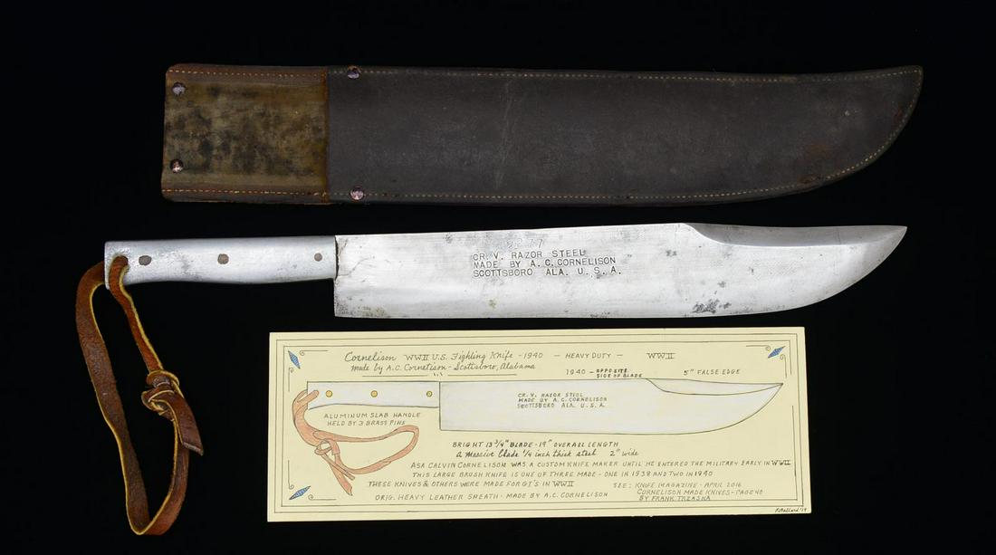 MASSIVE WWII CUSTOM MADE BUSH/FIGHTING KNIFE DATED: 1940. Overall length: 19". Blade length: 13 7/8" w/ a 5" false edge. A bowie form blade stamped on one side â€œ9277 CR. B. RAZOR STEEL MADE BY A. C. CORNELISON SCOTTSBORO ALA. U.S.A.”. The o