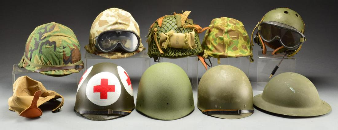 MILITARY BOOTS, HELMETS, WEB GEAR & MORE.: 1) WWII & LATER US MILITARY BOOTS. This group consists of 4 pairs of brown GI issue, WWII combat boots w/ the dbl. strap top. / 1 Pair of later black combat boots that lace to the top. CONDITION: boot