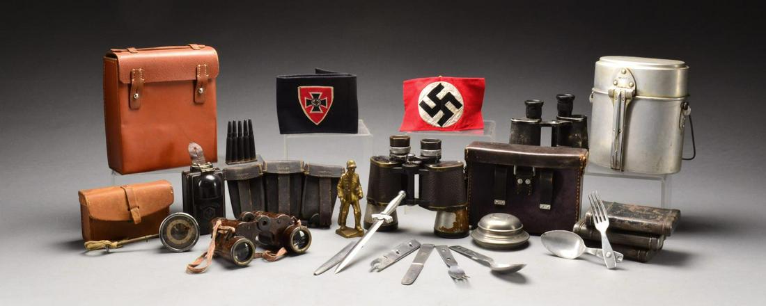 WWII GERMAN EQUIPMENT, MILITARIA, CLOTH & MORE.: 1) This lg. & varied lot includes 4 Mauser K98 cleaning kits. / 1 Soldierâ€™s safety razor in bakelite case. / 1 Sm. statuette of a German solder. / 3 Pairs of well used binoculars. / 1 Aluminum 