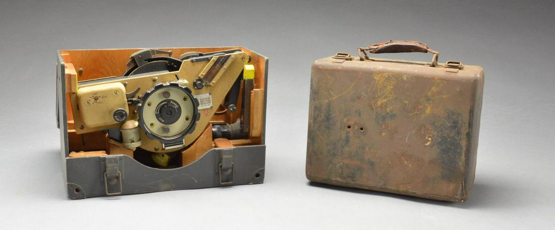 WWII GERMAN OCTANT & EMPTY EQUIPMENT CASE.: 1) OCTANT. A fine example of a German WWII Luftwaffe â€œLibellen - Oktant mit Mittlungseinrichtung” which roughly translates to â€œSpirit Level - Octant with Averaging Device”. Com