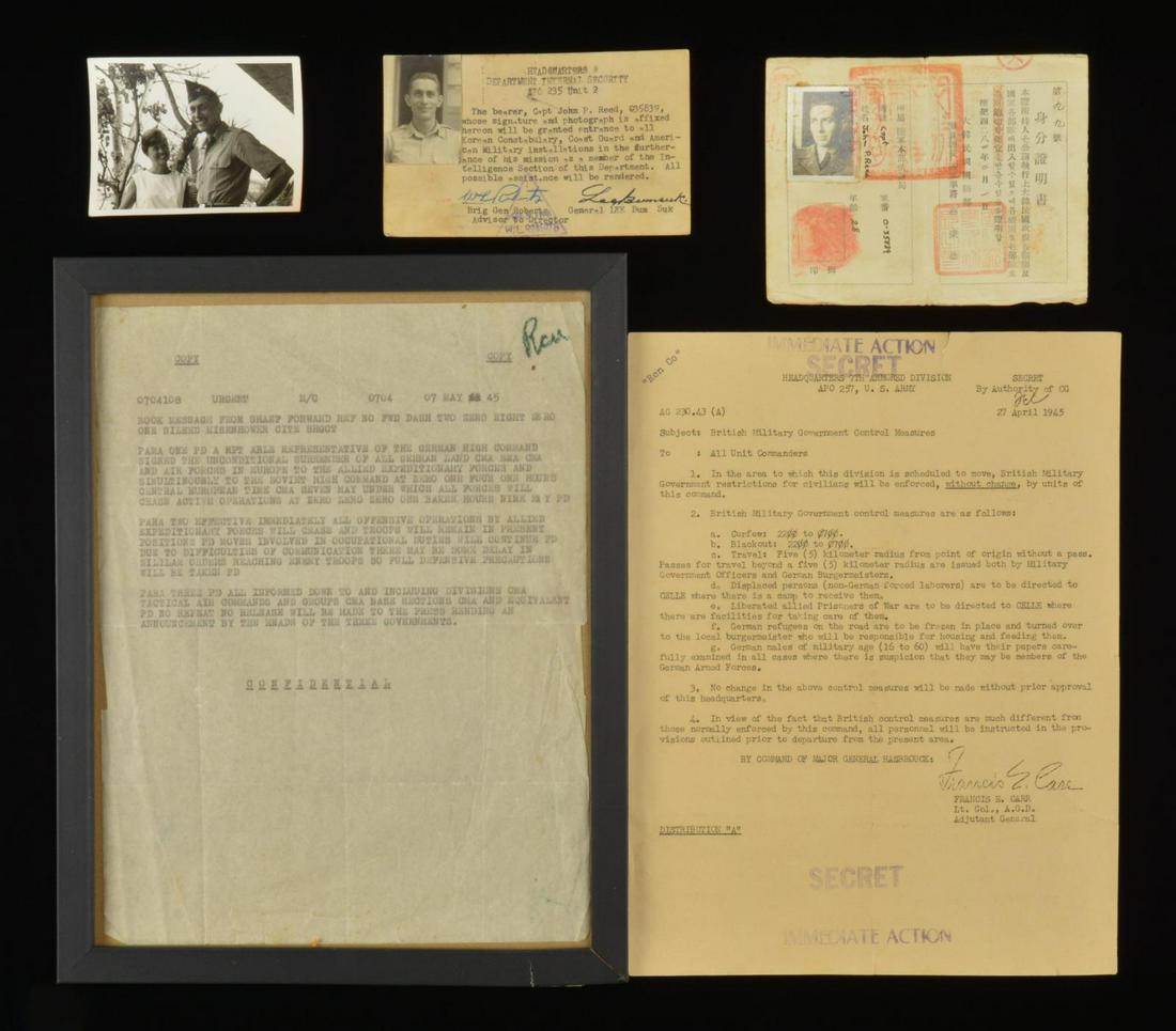 CAPTAIN JOHN P. REED WWII EPHEMERA GROUPING.: A grouping of documents & Identifications from a US Army soldier who was a radio & teletype operator in the signal corps at the end of WWII. These were discovered in a shoe box by his son. John P. Ree
