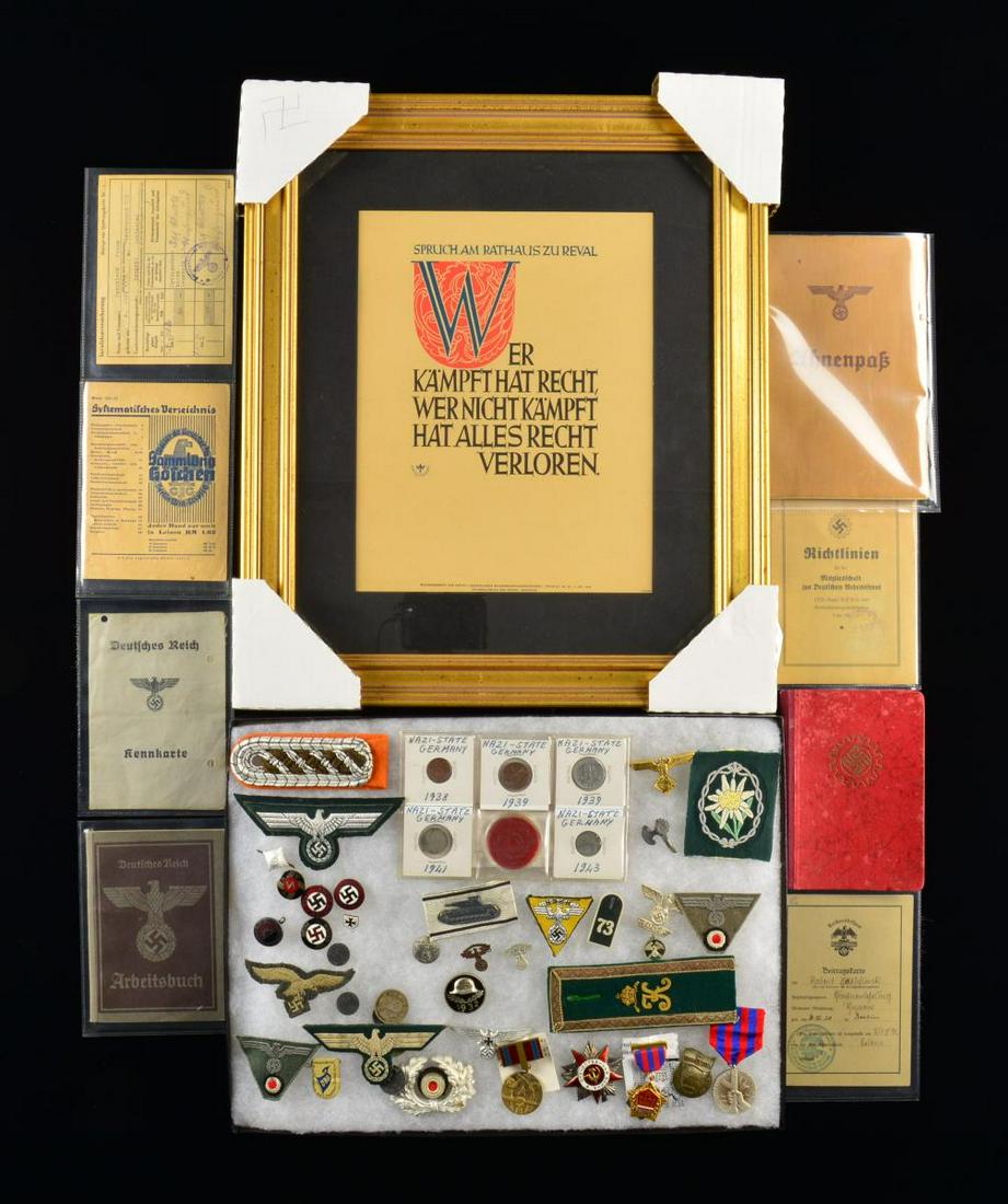 WWII GERMAN MILITARIA, COINS, EPHEMERA & 5 RUSSIAN: MEDALS/PINS. 1) MILITARIA, COINS & RUSSIAN ITEMS. This group includes 1 WWII German shoulder strap. / 3 Breast eagles. / 3 Party pins. / 2 Hitler & German Youth pins. / 11 Silver, copper & zinc coins.