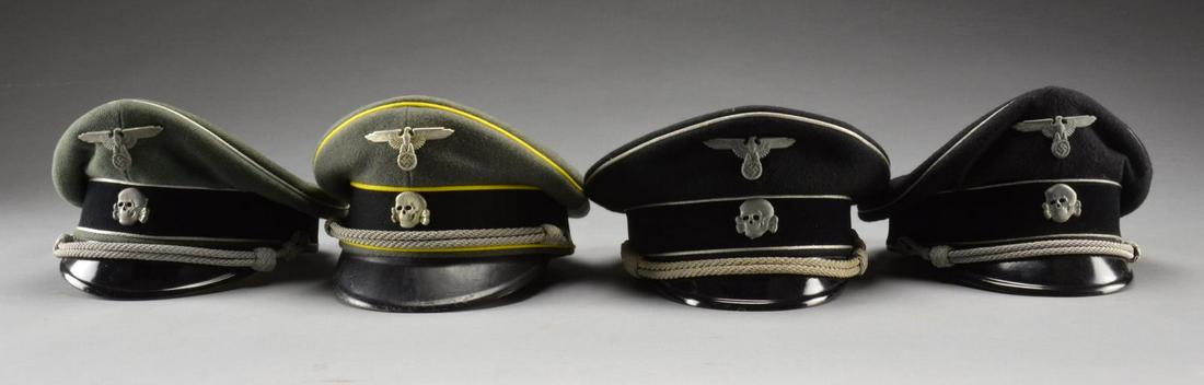 4 REPRODUCTION WWII GERMAN SS PEAKED CAPS.: 1) ALLGEMEINE SS. An officer grade hat featuring a plated gray metal skull & eagle. Black velvet band w/ black crown & silver bullion piping. Silver bullion like chinstrap w/ pebbled side buttons. Lea