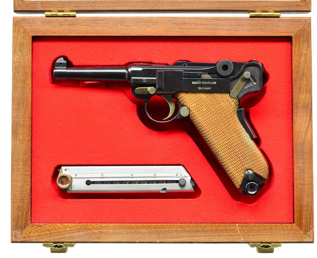 MAUSER / INTERARMS SWISS STYLE, EAGLE LUGER SEMI: AUTO PISTOL. Cal. 9mm Luger. S# 11.00.2070. Bbl. 4" w/ saw tooth blade front sight. Mfg. in Germany by Mauser & imported by Interarms; marked on right side of receiver also having matching S#. Mfg. 19