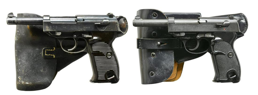 2 SEMI AUTO PISTOLS: SPREEWERKE P38 & WALTHER P1.: BOTH: 9mm Luger. Bbls. 5". 1. SPREEWERKE MODEL P38. S# 1206r. Mfg. late WWII w/ matching numbered slide, bbl. & locking block. Grooved chocolate brown Bakelite grips. Frame proofed by S# w/ Eagle & un