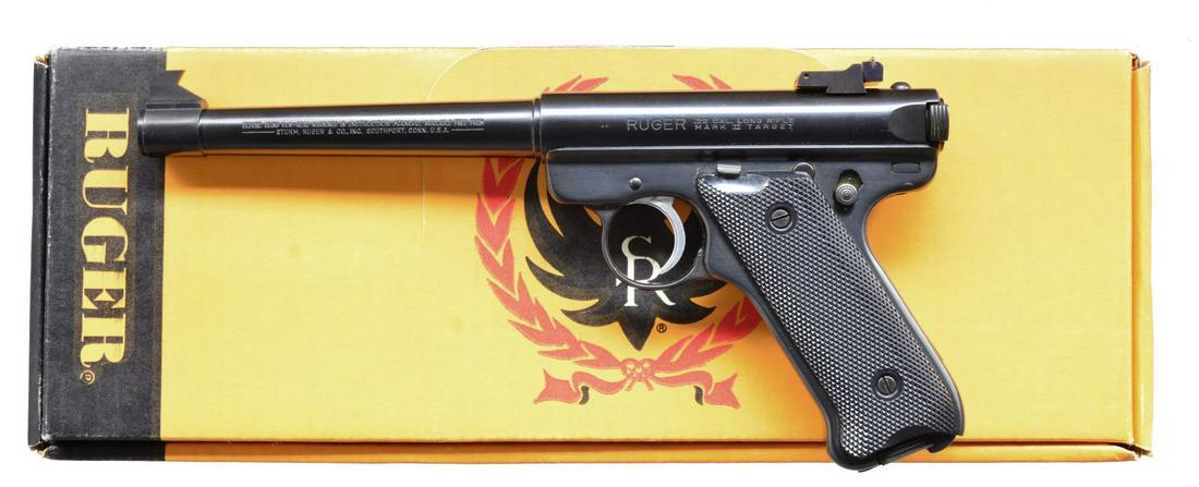 RUGER MKII TARGET U.S. PROTOTYPE SEMI AUTO PISTOL.: Cal. 22 LR. S# 19-79751. Bbl. 6 7/8" target heavy tapered w/ undercut target front blade & frame mounted adj. rear. U.S. above S# in larger font than MK-I's bought by U.S. military. Mfg. Nov. 3, 1983 