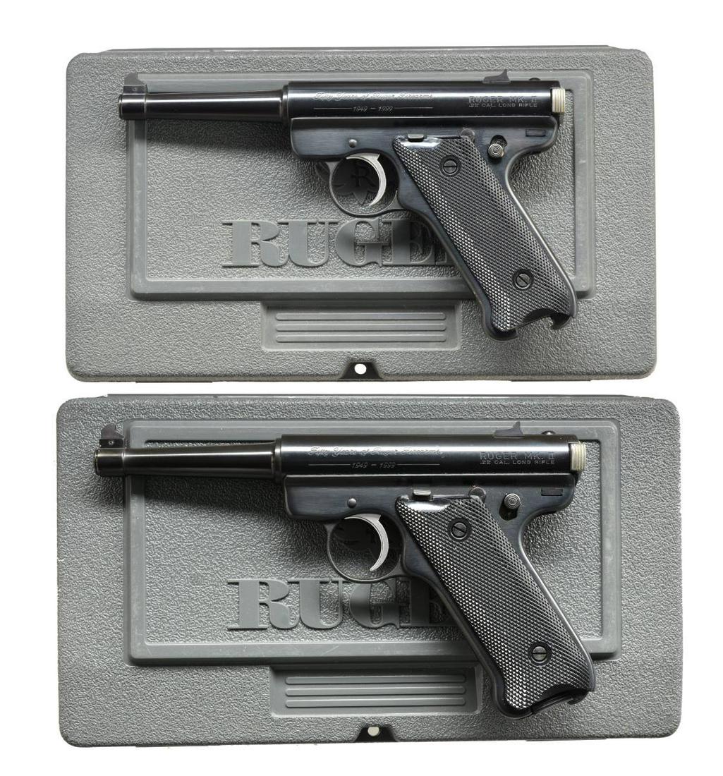 CONSECUTIVE PAIR RUGER PROTOTYPE 50th ANNIVERSARY: MKII SEMI AUTO PISTOLS. BOTH: cal. 22 LR. Bbls. 4 3/4" w/ standard fixed sights. Mfg. Oct. 1998 in Prescott, AZ. Left side of receiver marked "Fifty Years of Ruger Firearms" over "1949 ~ 1999". Create