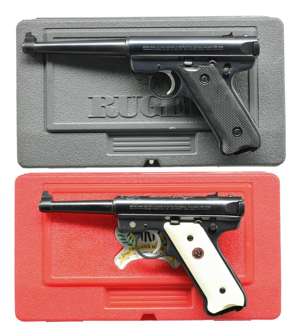 2 RUGER MARK II SEMI AUTO PISTOLS; NRA & STANDARD.: BOTH: cal. 22 LR. Blued finish, silver triggers, fixed sights & hold open latches. MAGS: 4 factory 10 rd.; (2 each). UNATTACHED ACCESSORIES: factory matching plastic case for each w/ packaging. CONDIT
