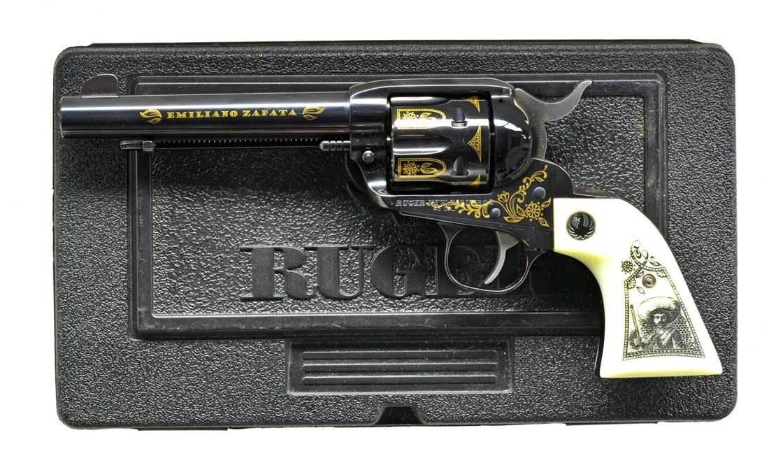 RUGER NEW VAQUERO EMILIANO ZAPATA PROTOTYPE: REVOLVER. Cal. 45 LC. Mag. S# 510-38713. Bbl. 5 1/2" w/ blade front sight & frame notched rear. Mfg. 2006 w/ model # 05117 & catalog # NVB-455-I; created by Baron Custom Shop on 10/30/2008 as blued TA