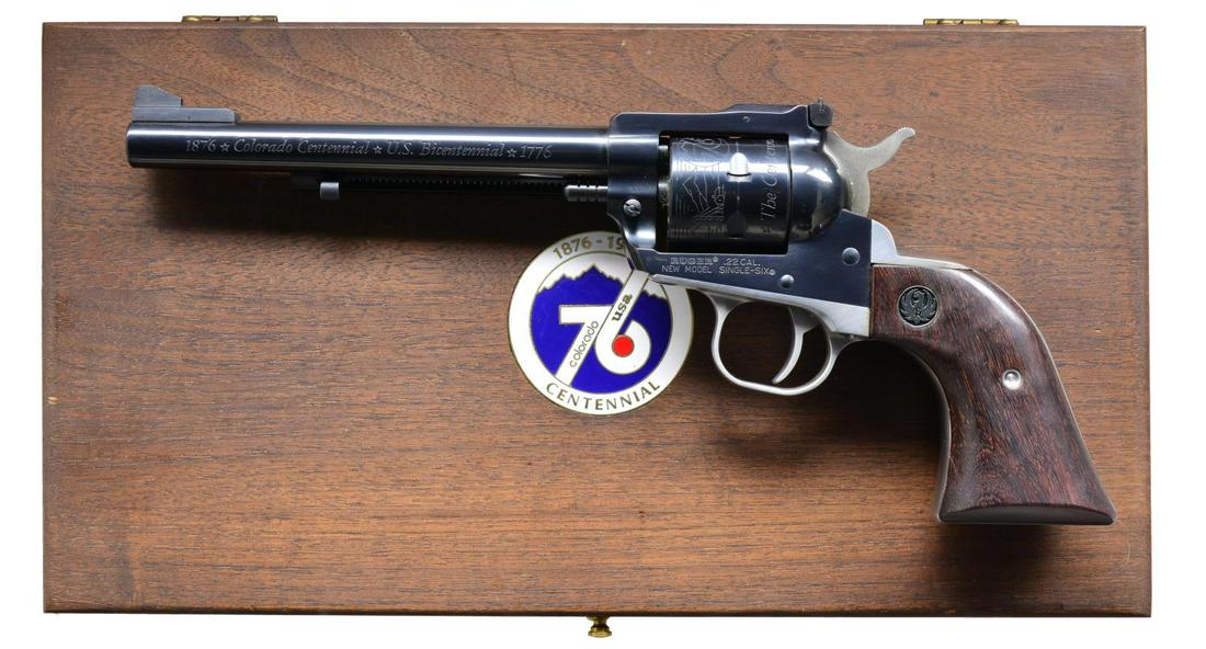 RUGER NEW MODEL SINGLE SIX COLORADO CENTENNIAL SA: REVOLVER. Cal. 22 LR. / 22 Mag. S# 76-13992. Bbl. 6 1/2" w/ ramp mounted serrated ramp front sight & square notch adj. rear sight. Left side of bbl. marked "1876 Colorado Centennial U.S. Bicentennial
