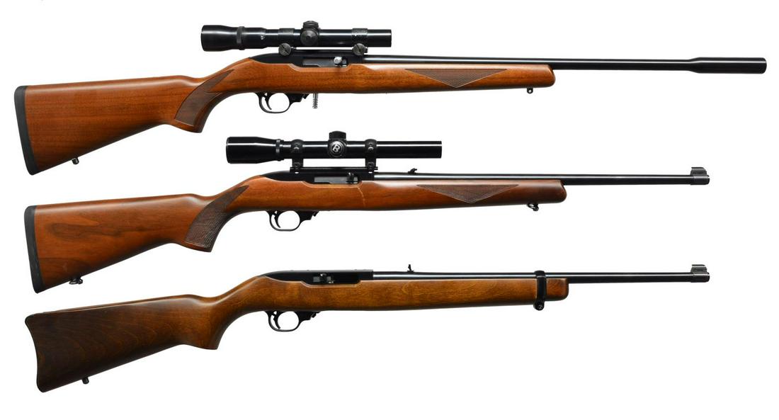 3 RUGER 10/22 SEMI AUTO RIFLES.: ALL: cal. 22 LR. MAGS: 1 detachable 10 rd. rotary for each. 1) SPORTER. S# 244-97754. Bbl. 22" Greenwood custom w/ integral muzzle weight. Weaver V4.5x20 gloss finished scope w/ standard crosshairs on