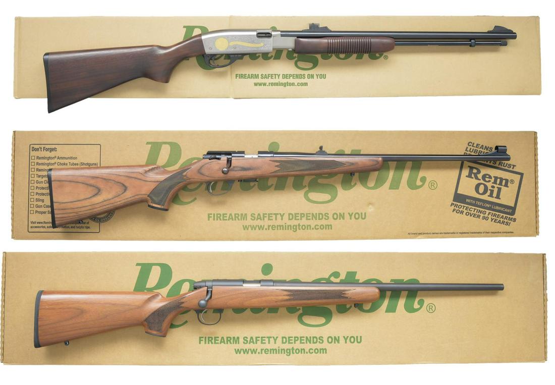 3 REMINGTON RIMFIRE RIFLES.: 1) MODEL 572 PUMP NRA GUN OF THE YEAR. Cal. 22 S, L, LR. S# B1601248. Bbl. 21 1/2". Blade front sight w/ adj. rear sight. Full length tubular mag. Satin finished alloy action w/ tip off scope groove h