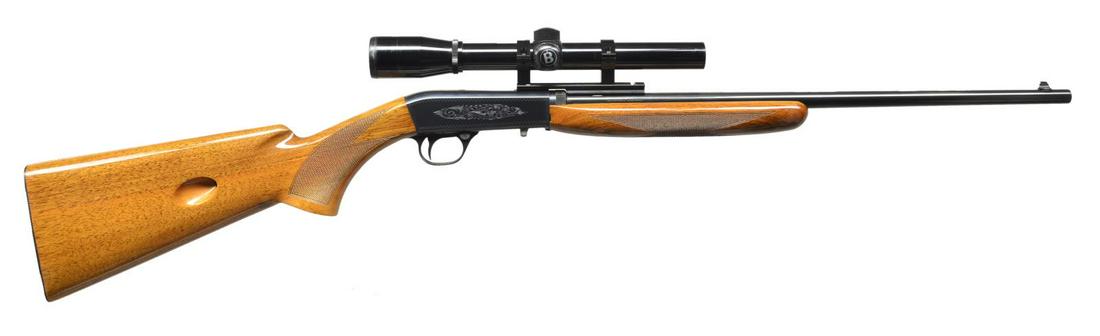 BROWNING 22 TAKEDOWN GRADE 1 AUTOLOADING RIFLE.: Cal. 22 LR. S# 67T28009. Bbl. 19 1/2" rnd. w/ bead front sight, rear sight removed. Bushnell Banner 4x-20 gloss finished scope w/ duplex reticle on Weaver style mts. Bottom ejection takedown action w/