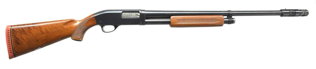 JC HIGGINS MODEL 20 PUMP SHOTGUN.: Cal. 12 Ga., 2 3/4". NSN. Bbl. 26 3/8" plain over a JC Higgins compensated adj. choke. Checkered walnut forearm & pistol grip stock w/ plastic grip cap, nameplate in toeline & original red ventilated 