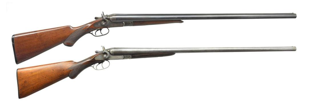 MERIDEN & UNION MACHINE HAMMER SXS SHOTGUNS.: 1) MERIDEN. Cal. 12 Ga., 2 1/2". S# 29985. Bbls. 30" of fluid steel w/ steel bead. Right bbl. is choked Full, left bbl. is opened to Mod. Case colored exposed hammer top lever action w/ simple border 