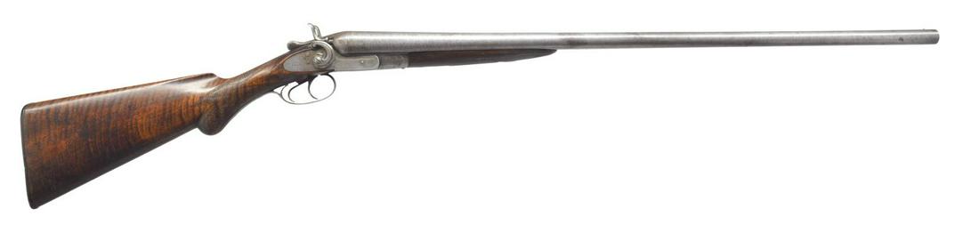 H. PIEPER BELGIUM HAMMER SXS SHOTGUN.: Cal. 12 Ga., 2 1/2". S# 61832. Bbls. 30" of Damascus steel. Fixed Mod. & Full chokes. Rib marked "FINE DAMASCUS". Exposed hammer action w/ dbl. under lug locks & doll's head fastener. Locks marked "H.
