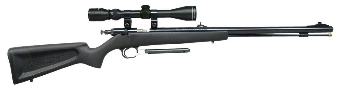 KNIGHT LK-93 INLINE PERCUSSION RIFLE.: Cal. 50. S# 232610. Bbl. 23" rnd. w/ ramp mounted bead front sight & adj. U notch rear sight. Manually cocked inline action w/ percussion cap ignition. Right side safety. Tasco 3-9x40 matte finished s