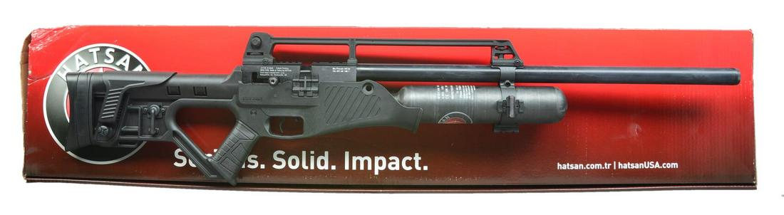 HATSAN BLITZ PCP AIR RIFLE.: Cal. 5.5mm (.22). NSN. Bbl. 27 1/4" w/ Quiet Energy full shroud. Full auto or semi auto operation w/ selector switch on left side. Pre charged pnuematic rifle, 1050 FPS, 36 FPE w/ 1,000 rds. per minut