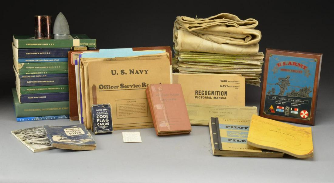 VERY LARGE & EXTENSIVE GROUPING OF BOOKS, PAPERS &: EPHEMERA FROM A NAVY PILOT DATING FROM WWII & KOREAN WAR TO THE COLD WAR ERA. Aviator's flight log book dated 1948-1953. Information in book includes types of Aircraft flown. / War & Navy Dept. Aircra