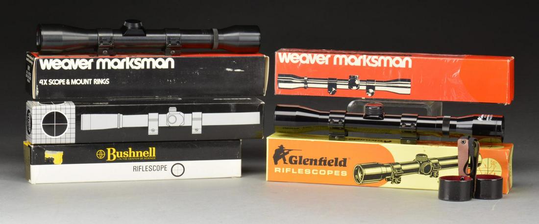 5 ASSORTED RIFLE SCOPES.: 1,2) Weaver Marksman 4x32 w/ standard crosshairs fitted w/ Weaver rings. Includes orange & black box containing instructions, owner notes & scope Weaver 63B top mt. scope base in original package. Sco