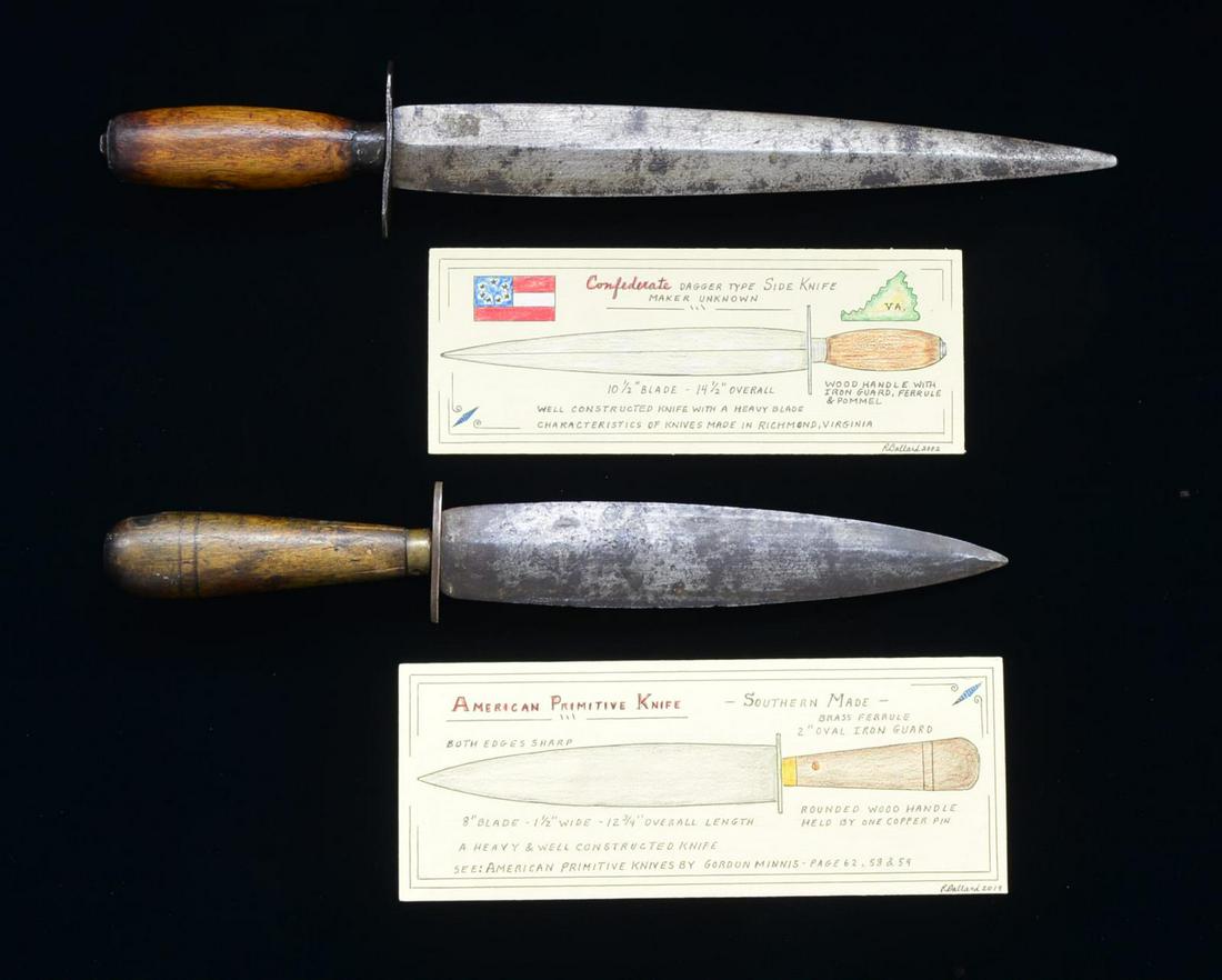 PAIR OF FINE CONFEDERATE OR ANTEBELLUM KNIVES.: 1) 12.75” Overall. 8” Blade, 1.5” wide, .3” thick. This is a very meaty well crafted weapon that wouldâ€™ve made any Confederate happy. Possibly made from a large broken f